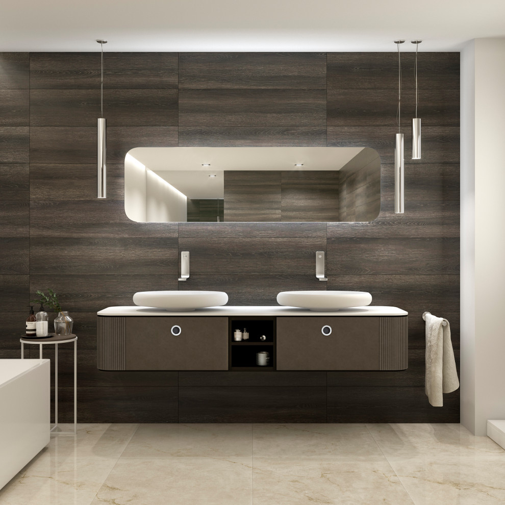 This is an example of a large contemporary ensuite bathroom in Miami with flat-panel cabinets, brown cabinets, blue tiles, wood-effect tiles, a vessel sink, solid surface worktops and brown worktops.