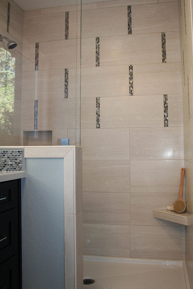 Inspiration for a mid-sized transitional gray tile and porcelain tile porcelain tile doorless shower remodel in San Francisco with an undermount sink, shaker cabinets, dark wood cabinets, quartz countertops, blue walls and a one-piece toilet