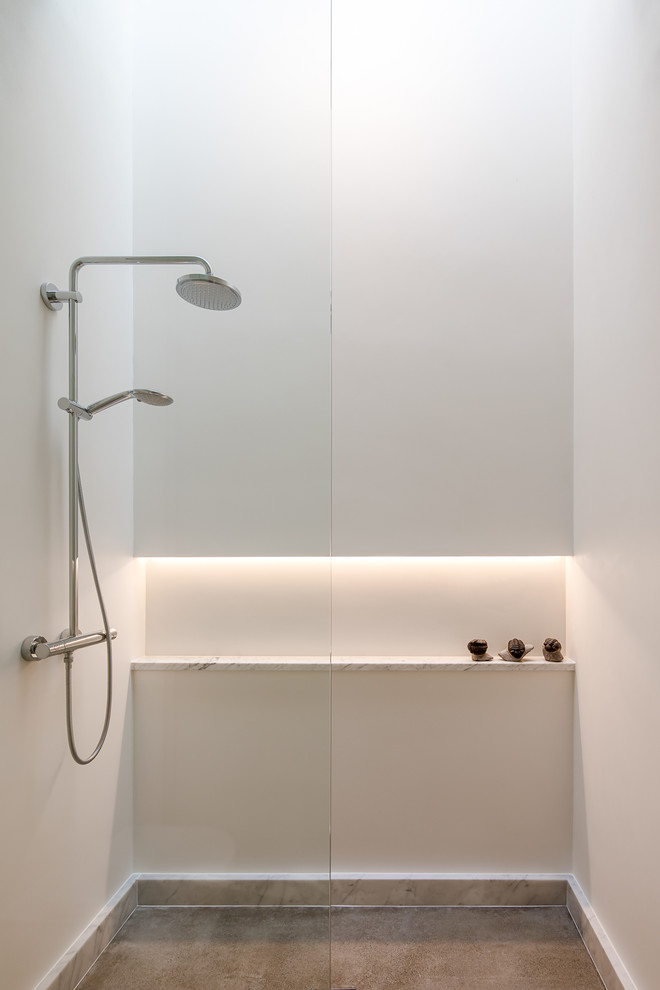 Идея дизайна: ванная комната в стиле модернизм с душем в нише и открытым душем