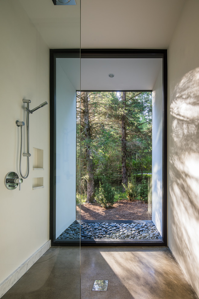 Immagine di una stanza da bagno minimalista con doccia alcova, pareti beige, pavimento in cemento, pavimento grigio e doccia aperta