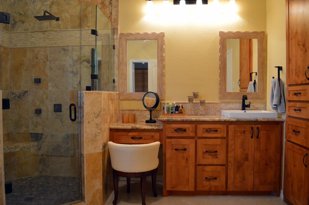 Example of a mountain style corner shower design in Dallas with a drop-in sink, flat-panel cabinets, medium tone wood cabinets and granite countertops
