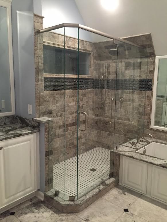 Mid-sized elegant master gray tile and stone tile marble floor corner shower photo in Other with an undermount sink, raised-panel cabinets, white cabinets, quartz countertops, an undermount tub, a two-piece toilet and blue walls