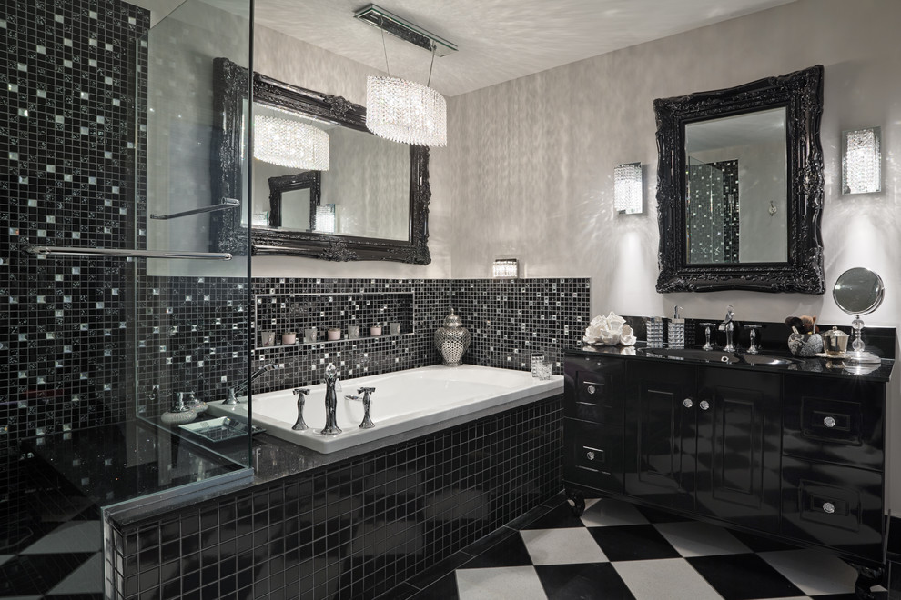 Идея дизайна: ванная комната в современном стиле с черными фасадами, накладной ванной, угловым душем, разноцветной плиткой, белыми стенами и фасадами с выступающей филенкой