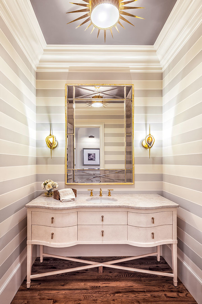 Mid-sized transitional dark wood floor bathroom photo in Other with furniture-like cabinets, an undermount sink, marble countertops and white cabinets