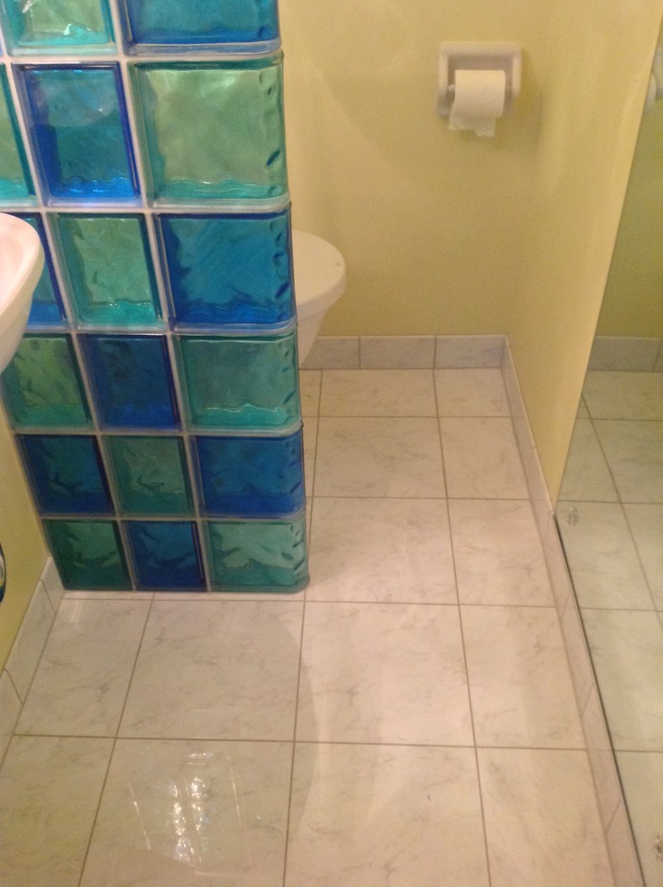 Color glass block half wall in half bathroom Cleveland Heights Ohio