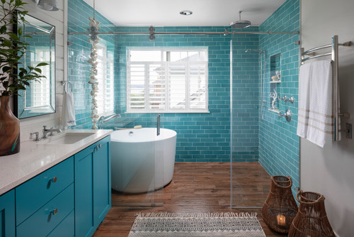 Turquoise Tranquility: Turquoise Vanity with Soapstone Countertop and Shiplap Wall