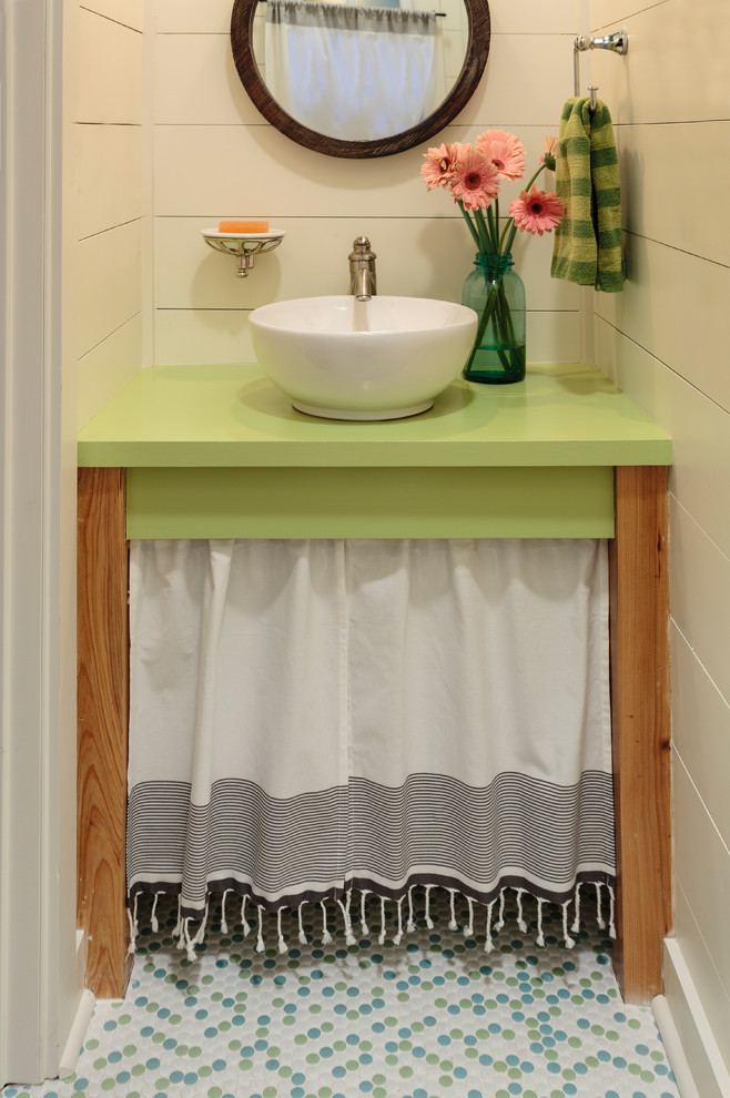 Inspiration for a mid-sized transitional ceramic tile and multicolored floor bathroom remodel in Little Rock with open cabinets, green cabinets, white walls, a vessel sink and wood countertops