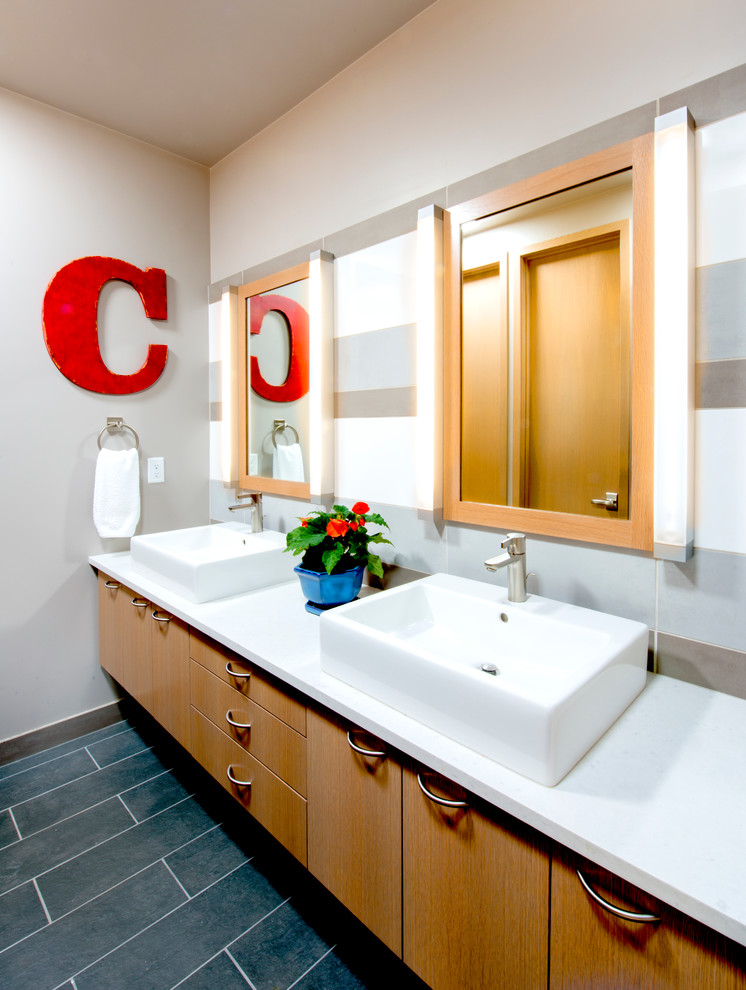 This is an example of a contemporary bathroom in Denver with a vessel sink.