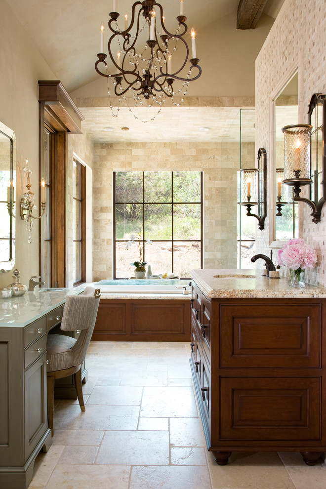 Design ideas for a classic bathroom in Denver with a submerged sink, dark wood cabinets, a built-in bath, beige tiles, beige walls and raised-panel cabinets.