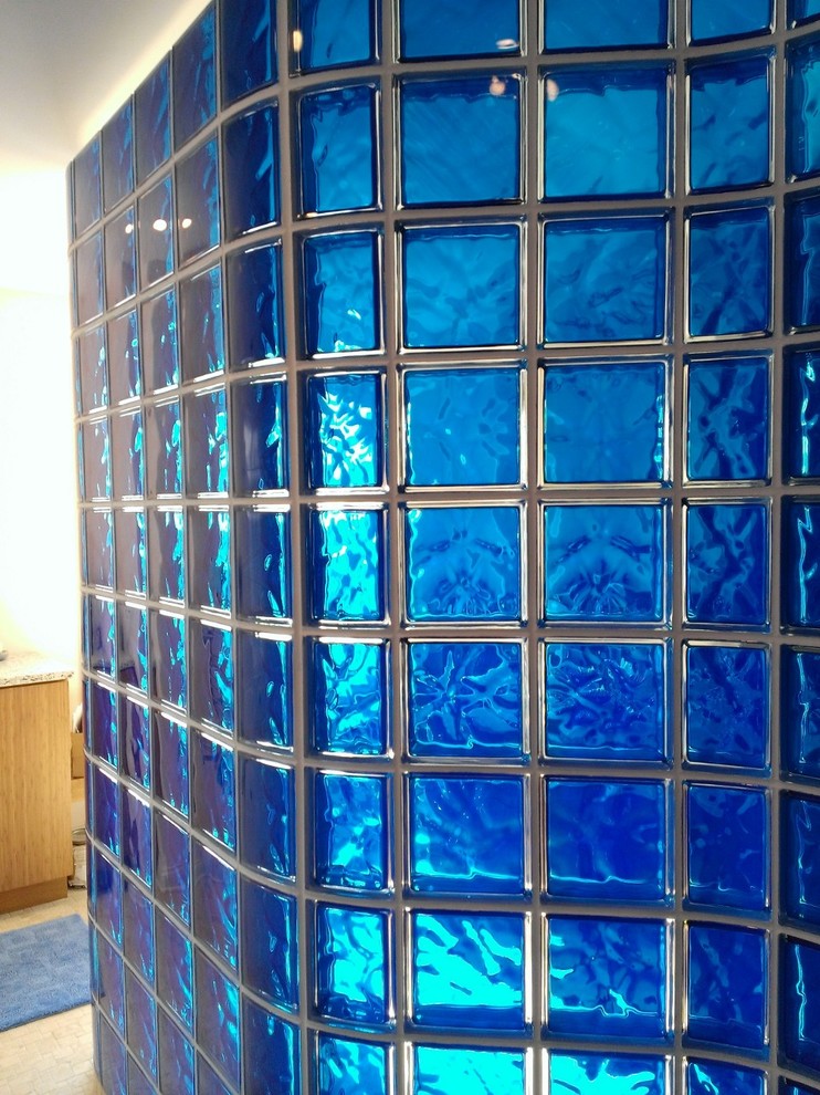 Colored and Curved Glass Block Shower Middleton Wisconsin Transitional Bathroom Milwaukee