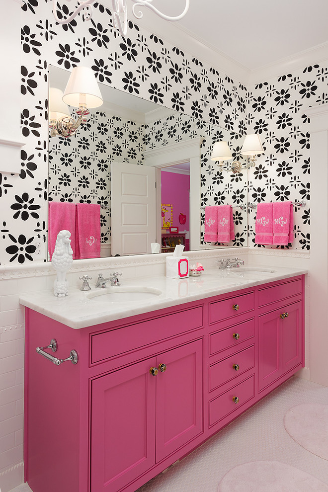 Inspiration for a mid-sized transitional kids' white tile and subway tile mosaic tile floor and white floor bathroom remodel in Atlanta with an undermount sink, beaded inset cabinets, multicolored walls, marble countertops, white countertops and pink cabinets