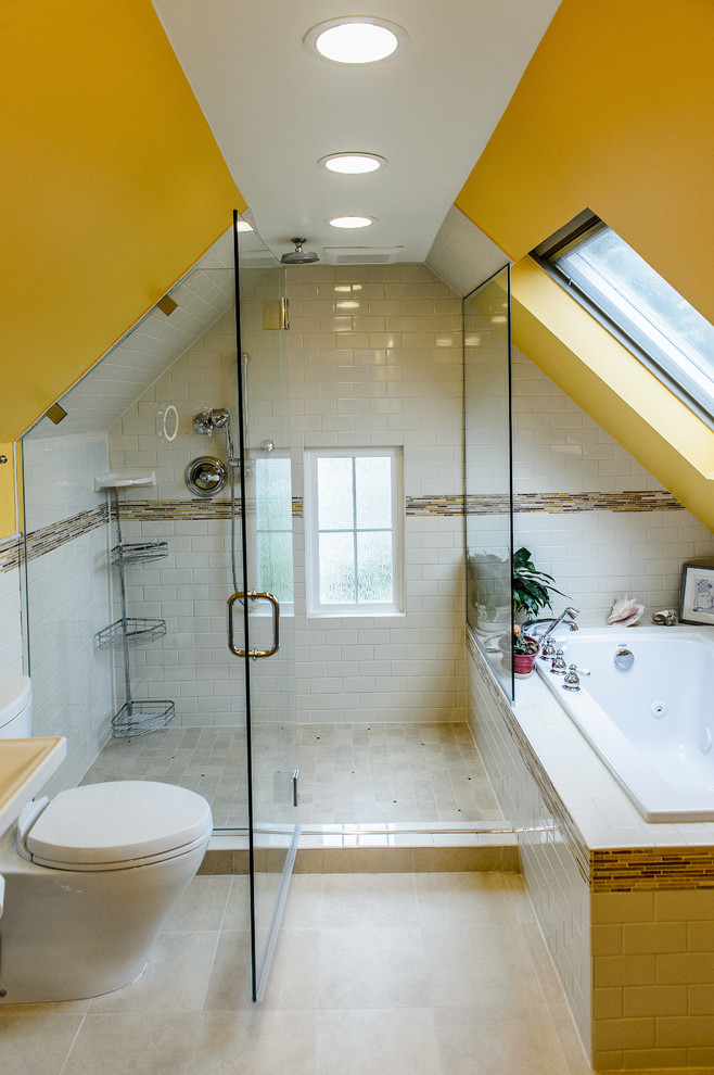 Medium sized bohemian ensuite bathroom in Portland with a built-in bath, a walk-in shower, white tiles, porcelain tiles, yellow walls, porcelain flooring, a pedestal sink and a two-piece toilet.