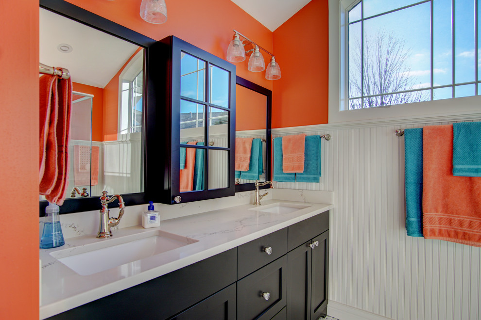 Mid-sized elegant master white tile and ceramic tile ceramic tile and black floor walk-in shower photo in Other with furniture-like cabinets, black cabinets, a two-piece toilet, orange walls, an undermount sink, quartzite countertops, a hinged shower door and white countertops