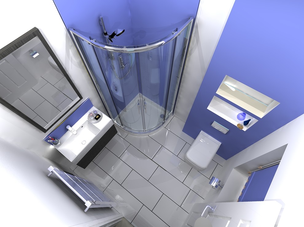 Пример оригинального дизайна: главная ванная комната в современном стиле с подвесной раковиной, угловым душем, инсталляцией, фиолетовыми стенами и полом из керамогранита
