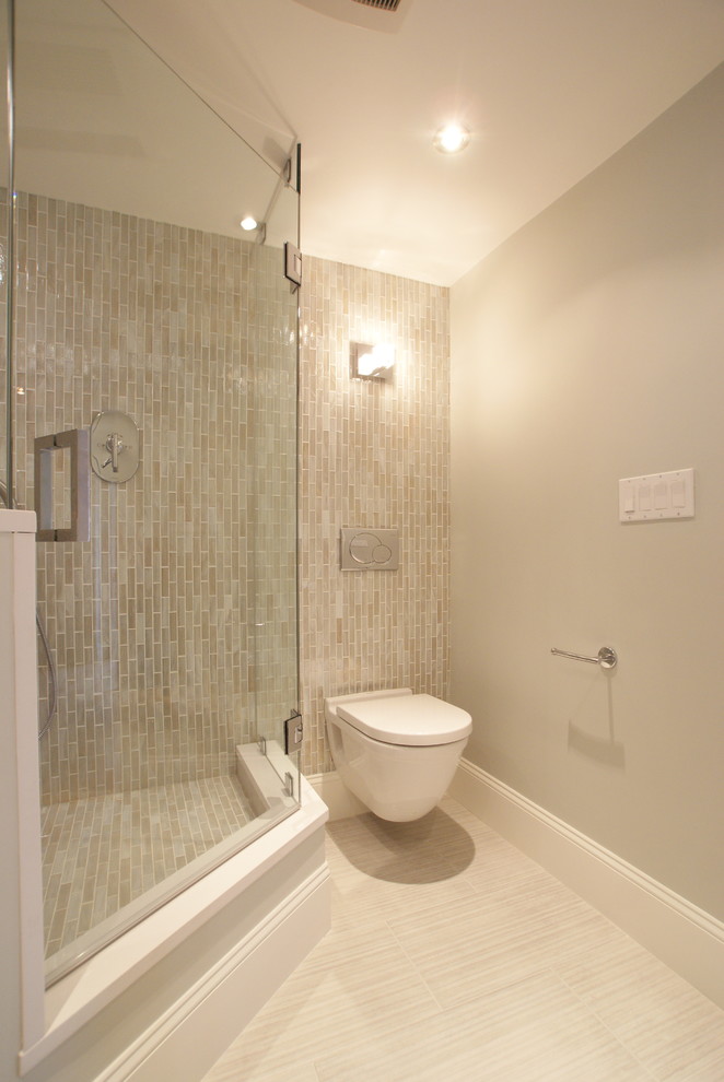 Example of a trendy bathroom design in Boston with a wall-mount toilet