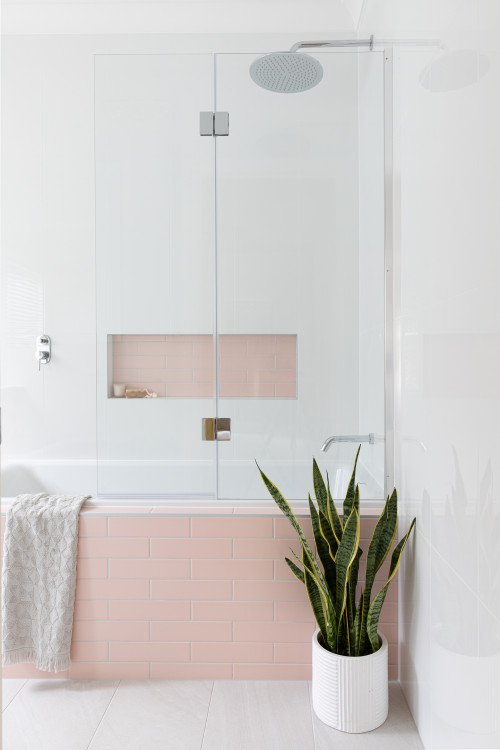 Contemporary Bliss: White and Pink Subway Tile Shower Niche