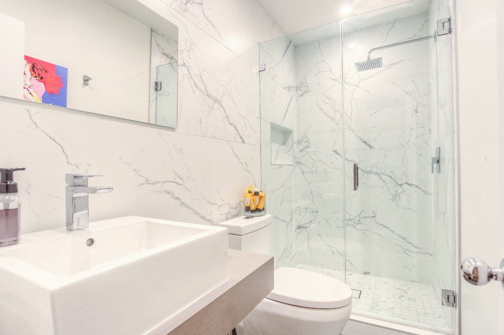 Inspiration for a medium sized contemporary family bathroom in Los Angeles with multi-coloured tiles, porcelain tiles, multi-coloured walls, porcelain flooring, a vessel sink, engineered stone worktops, multi-coloured floors and beige worktops.