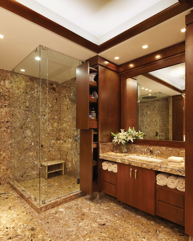На фото: ванная комната в современном стиле с плоскими фасадами, темными деревянными фасадами, угловым душем, разноцветной плиткой и врезной раковиной