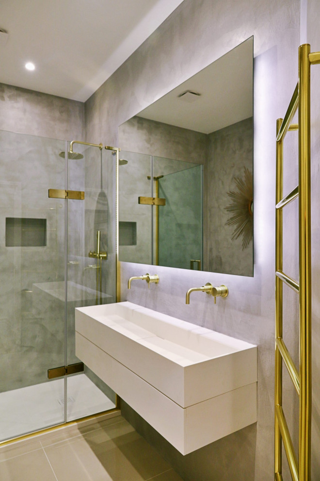 Corner shower - small victorian master porcelain tile, beige floor and double-sink corner shower idea in London with white cabinets, a hot tub, a wall-mount toilet, beige walls, a hinged shower door and a floating vanity
