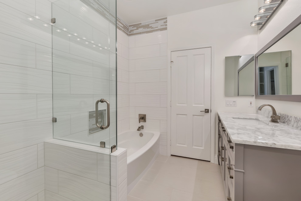 Mid-sized minimalist kids' gray tile single-sink bathroom photo in Orange County with raised-panel cabinets, dark wood cabinets, a one-piece toilet, white walls, quartzite countertops, a hinged shower door, white countertops and a built-in vanity