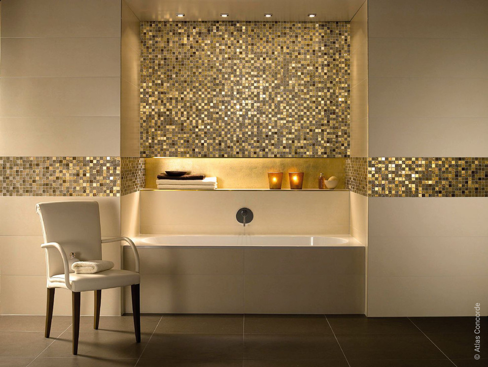Example of a trendy multicolored tile ceramic tile alcove bathtub design in Other with beige walls
