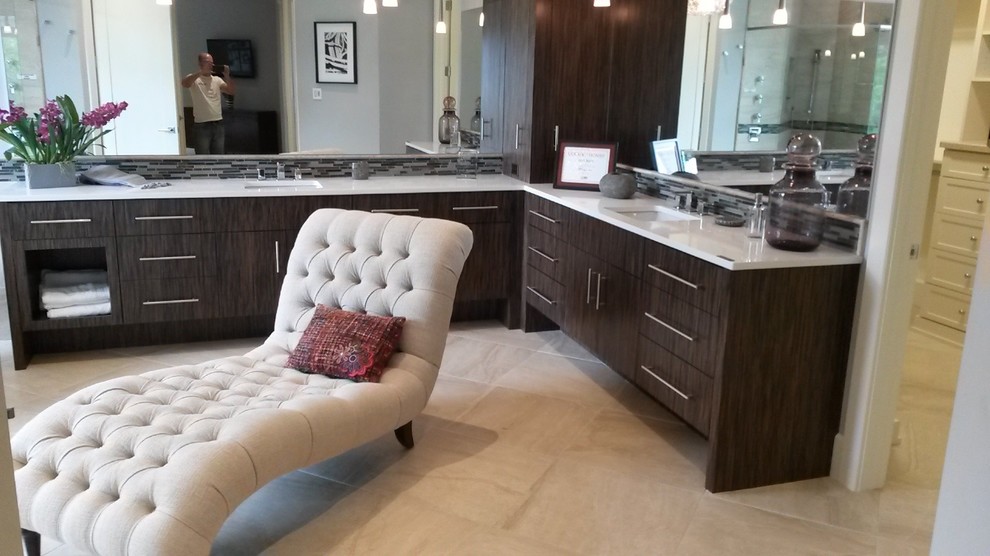 Mid-sized minimalist master bathroom photo in Miami with an undermount sink, flat-panel cabinets, medium tone wood cabinets and quartz countertops