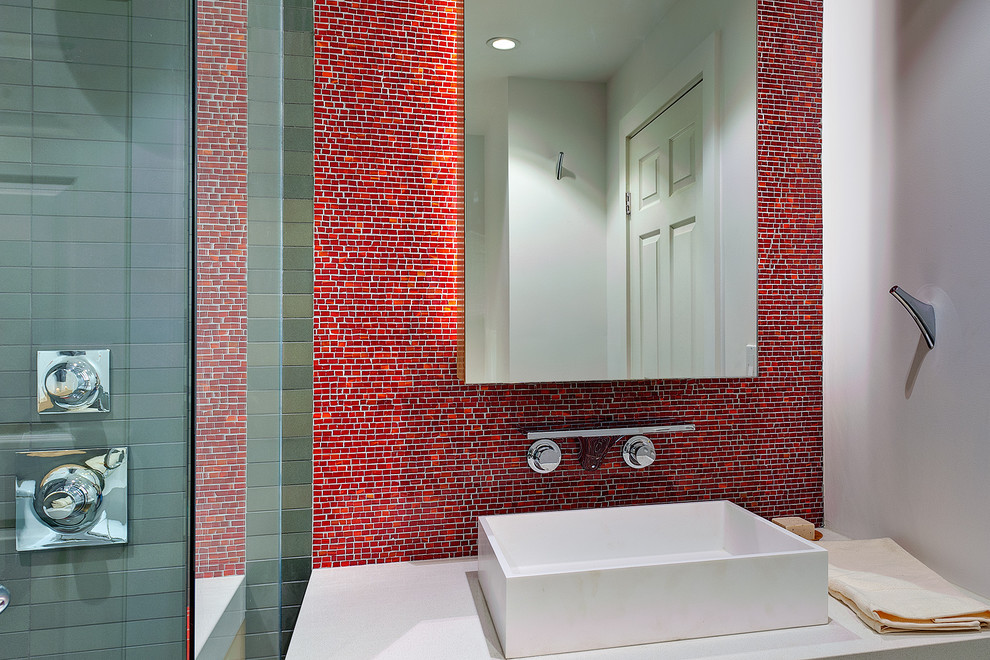 Example of a mid-sized minimalist master red tile and mosaic tile alcove shower design in San Francisco with a vessel sink, flat-panel cabinets, white walls, quartz countertops and a hinged shower door
