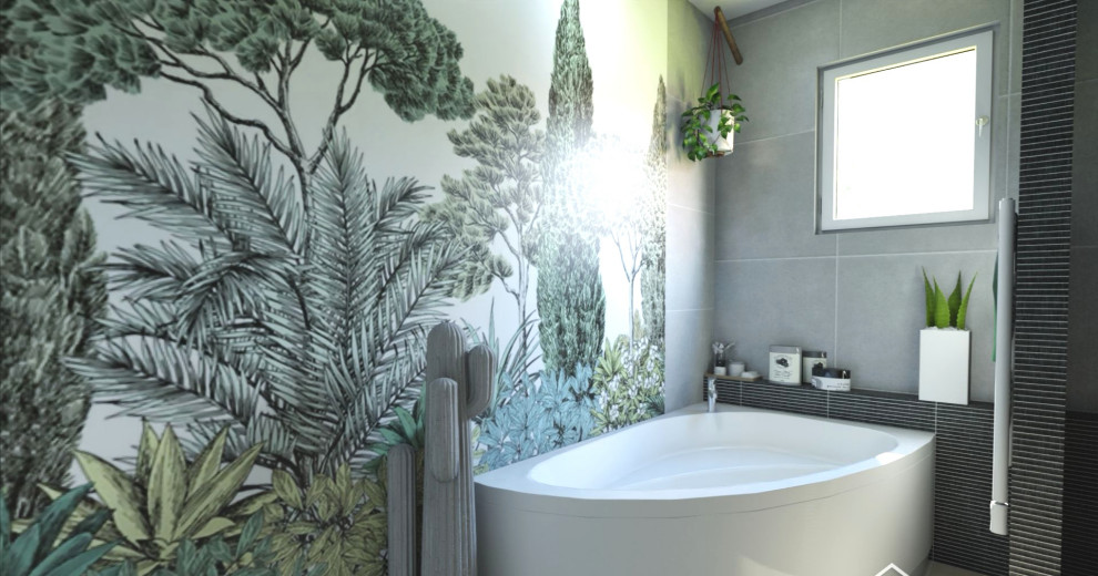 Ispirazione per una stanza da bagno padronale tropicale con ante a filo e mobile bagno freestanding