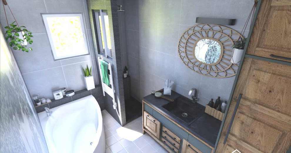 Idee per una stanza da bagno padronale tropicale con ante a filo e mobile bagno freestanding