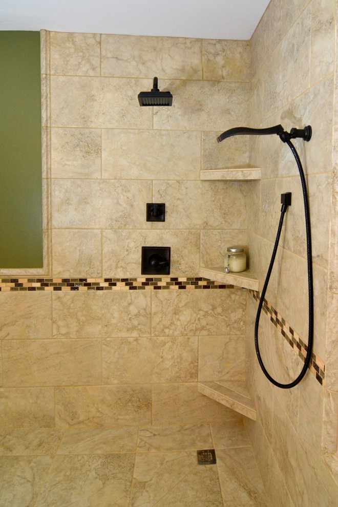 Inspiration for a mid-sized transitional master beige tile and ceramic tile ceramic tile doorless shower remodel in Charlotte with an undermount sink, raised-panel cabinets, white cabinets, granite countertops and green walls