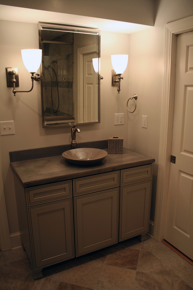 Classic bathroom in Huntington with beaded cabinets, grey cabinets, a vessel sink and concrete worktops.