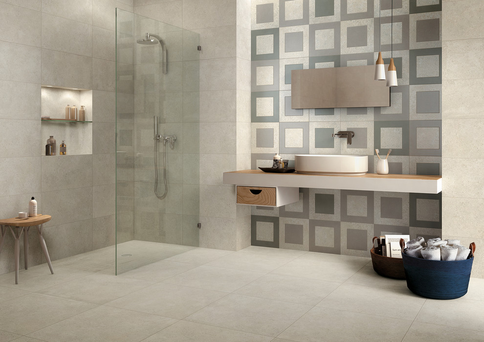 Large contemporary ensuite bathroom in Perth with a corner shower, white tiles, porcelain tiles, white walls, porcelain flooring, medium wood cabinets, a vessel sink, laminate worktops and open cabinets.