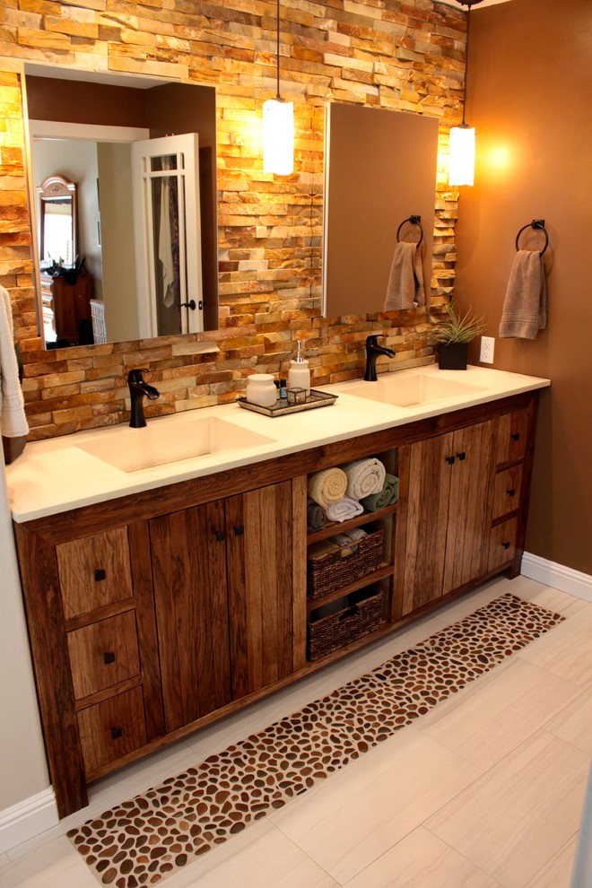 Bathroom - mid-sized rustic master bathroom idea in San Francisco with medium tone wood cabinets and flat-panel cabinets