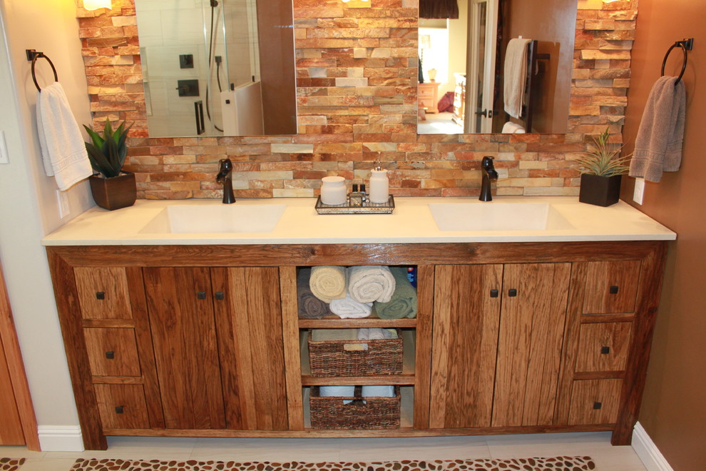 This is an example of a medium sized rustic ensuite bathroom in San Francisco with freestanding cabinets and medium wood cabinets.