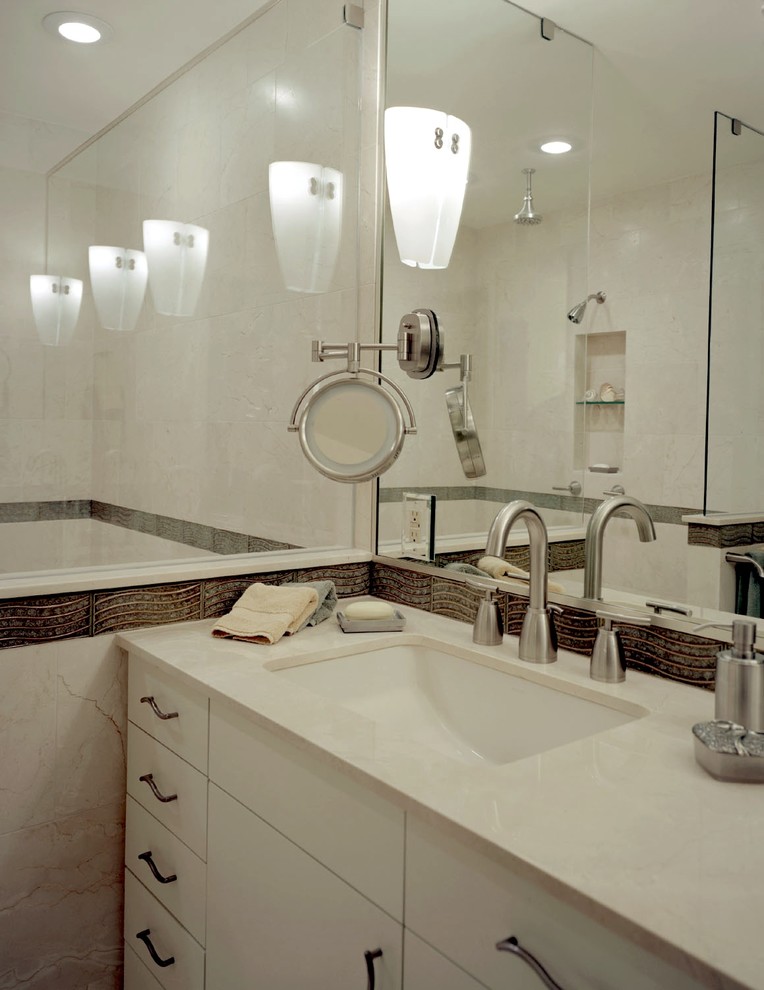 Medium sized contemporary ensuite wet room bathroom in Austin with flat-panel cabinets, beige cabinets, a built-in bath, beige tiles, marble tiles, beige walls, marble flooring, a submerged sink, marble worktops, beige floors and an open shower.