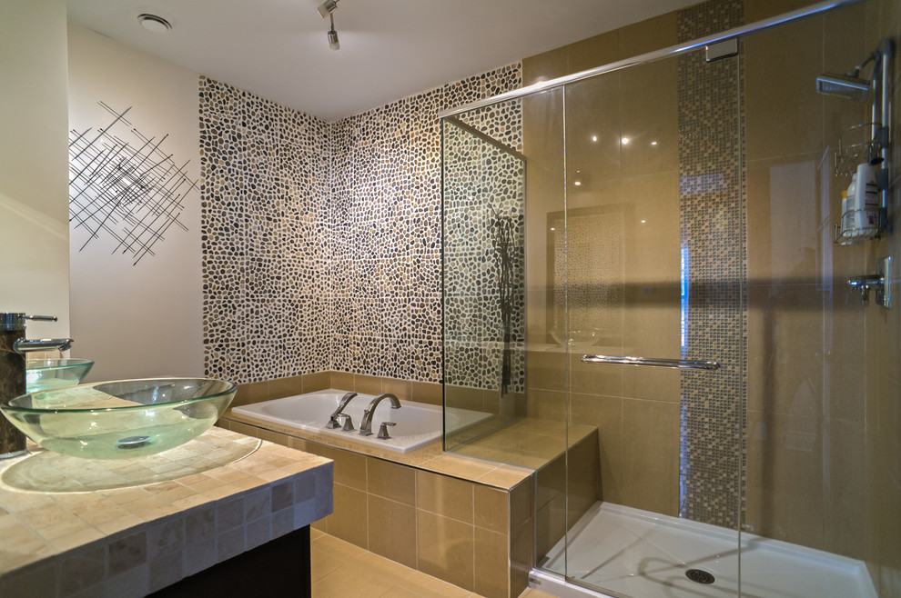 Bathroom - mid-sized modern master beige tile and ceramic tile ceramic tile bathroom idea in Montreal with a vessel sink, shaker cabinets, dark wood cabinets, marble countertops, a one-piece toilet and white walls