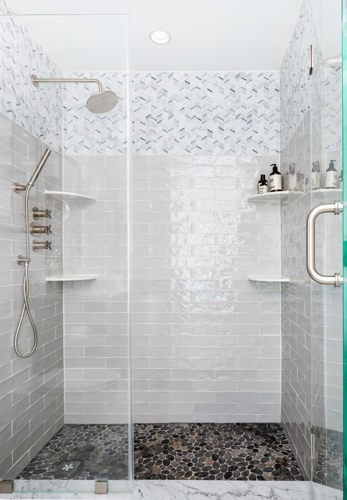 Design ideas for a classic bathroom in DC Metro with an alcove shower and a hinged door.