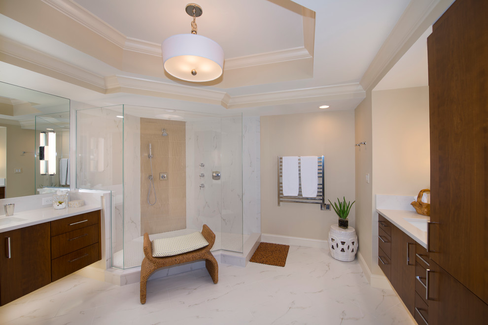 Photo of a large contemporary ensuite bathroom in Miami with flat-panel cabinets, dark wood cabinets, a walk-in shower, a two-piece toilet, multi-coloured tiles, porcelain tiles, beige walls, porcelain flooring, a submerged sink, engineered stone worktops, multi-coloured floors and an open shower.