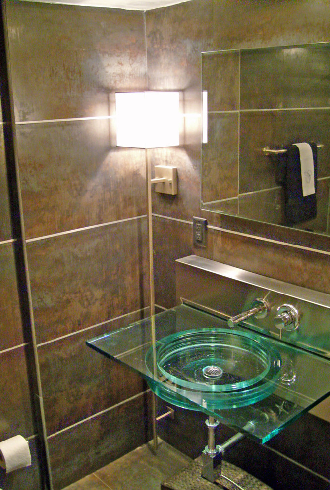 This is an example of a small contemporary shower room bathroom in Other with an integrated sink, open cabinets, glass worktops, brown tiles, porcelain tiles, brown walls, porcelain flooring, an alcove shower and a one-piece toilet.