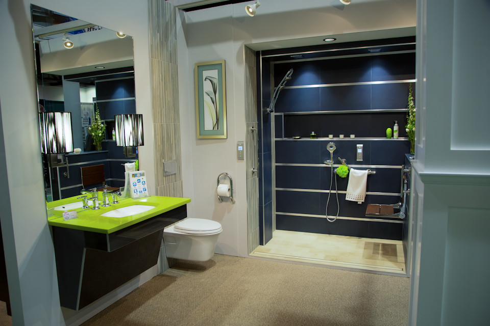 Example of a mid-sized eclectic master blue tile alcove shower design in Providence with flat-panel cabinets, black cabinets, a wall-mount toilet, beige walls, an undermount sink and green countertops