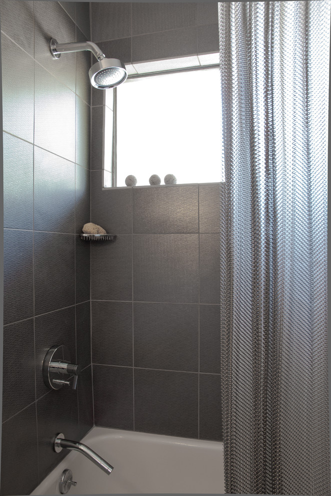Bathroom - small contemporary master gray tile and porcelain tile bathroom idea in St Louis