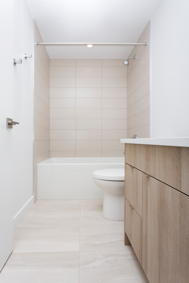 Design ideas for a small contemporary shower room bathroom with flat-panel cabinets, brown cabinets, an alcove bath, a shower/bath combination, a one-piece toilet, white tiles, porcelain tiles, white walls, porcelain flooring, a submerged sink, solid surface worktops, beige floors and a shower curtain.