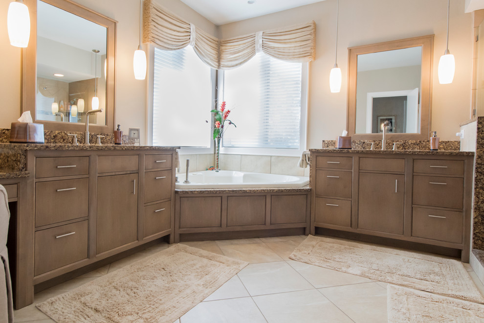 Bathroom - mid-sized transitional master white tile and glass tile ceramic tile bathroom idea in Charleston with beaded inset cabinets, gray cabinets and quartz countertops