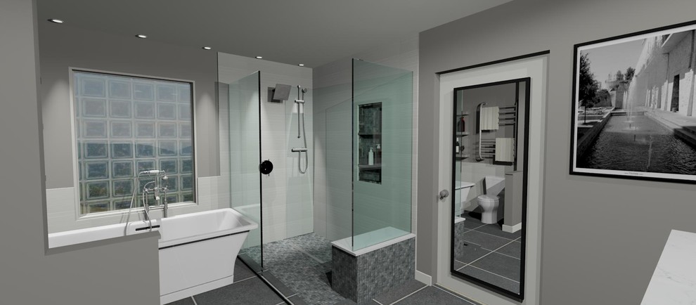 Imagen de cuarto de baño principal actual de tamaño medio con ducha esquinera, suelo de baldosas de porcelana y ducha abierta