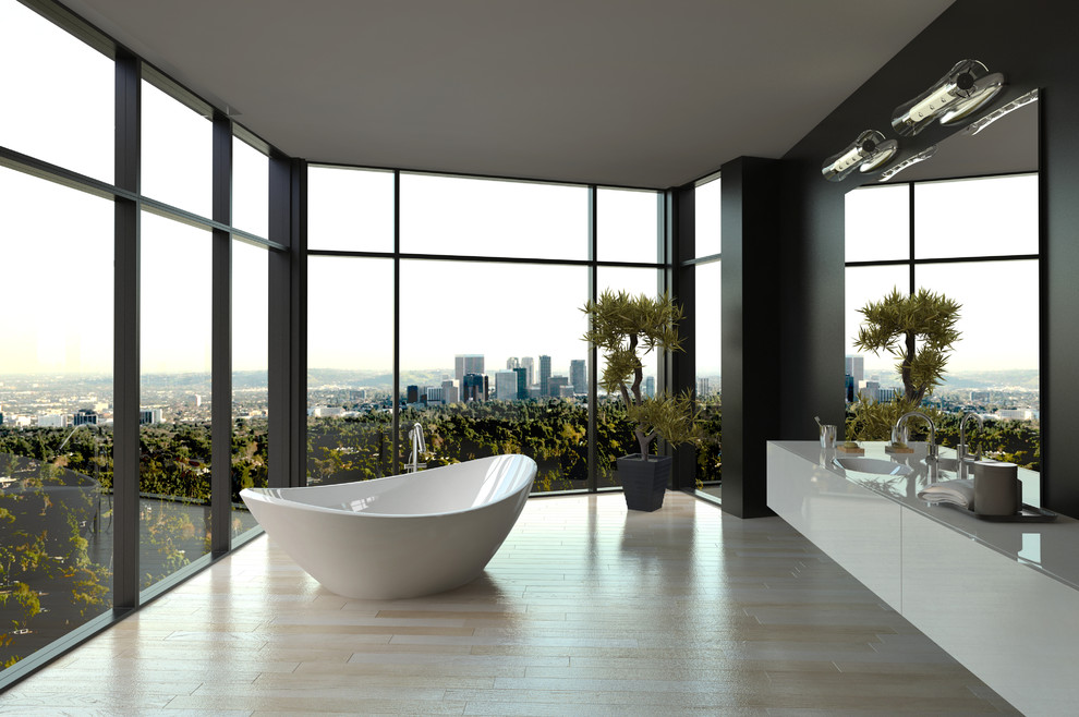 Diseño de cuarto de baño contemporáneo con armarios con paneles lisos, puertas de armario blancas, bañera exenta, paredes negras, lavabo integrado y suelo beige