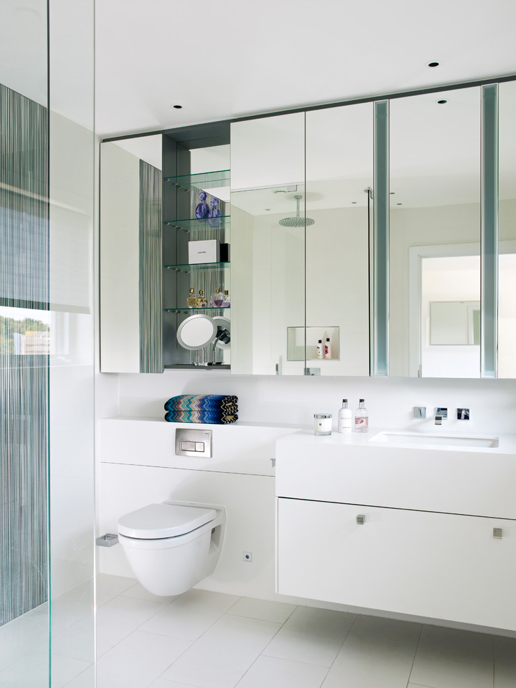Contemporary shower room bathroom in London with a submerged sink, flat-panel cabinets, white cabinets, a wall mounted toilet and white walls.