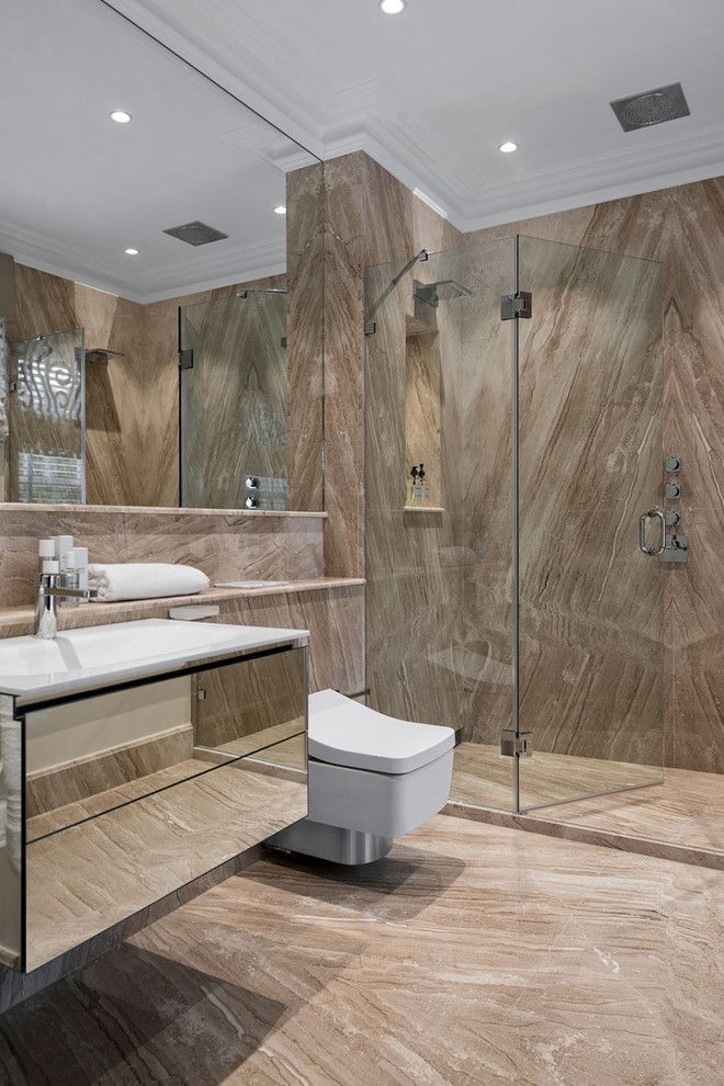 Idee per una stanza da bagno contemporanea con doccia alcova, WC sospeso, pareti marroni, lavabo integrato, pavimento marrone e porta doccia a battente