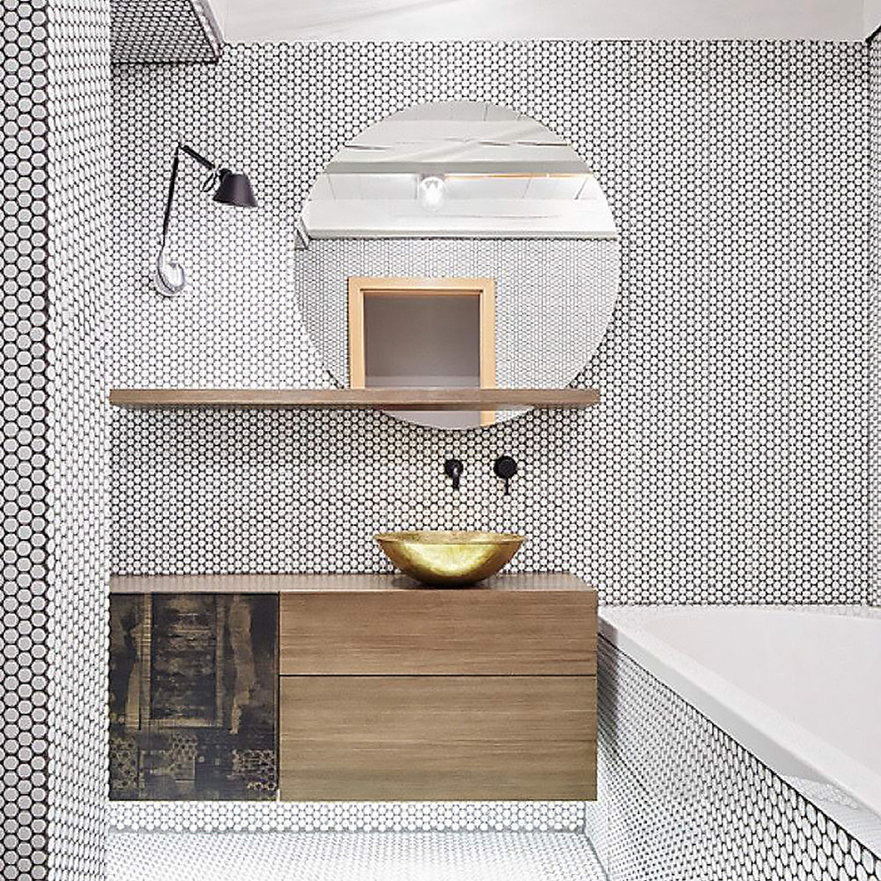 Inspiration for a mid-sized contemporary master black and white tile and mosaic tile mosaic tile floor and white floor bathroom remodel with flat-panel cabinets, light wood cabinets, a one-piece toilet, white walls, a vessel sink, wood countertops and brown countertops