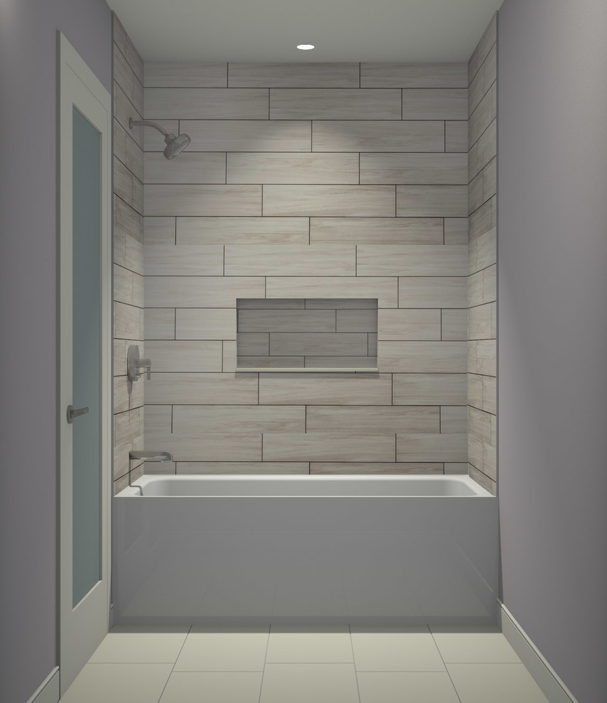 Свежая идея для дизайна: ванная комната в современном стиле с монолитной раковиной, душем над ванной, унитазом-моноблоком, бежевой плиткой и керамогранитной плиткой - отличное фото интерьера