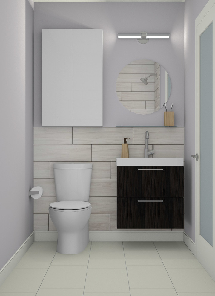 Ispirazione per una stanza da bagno minimal con lavabo integrato, ante lisce, ante in legno bruno, top in superficie solida, vasca/doccia, WC monopezzo, piastrelle beige e piastrelle in gres porcellanato